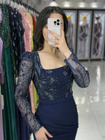 Square Neck Lace Sequins Long Sleeve Mermaid Side Slit Foraml Evening Dress