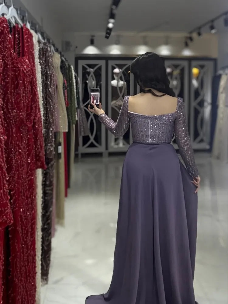 Elegant Sequins Sparkl Square Neck Long Sleeve Mermaid Evening Dress Court Train