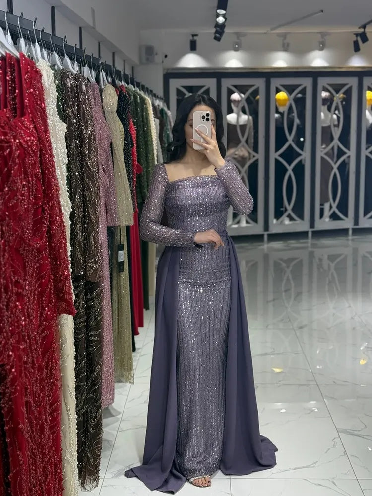 Elegant Sequins Sparkl Square Neck Long Sleeve Mermaid Evening Dress Court Train