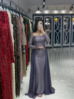 Elegant Sequins Sparkl Square Neck Long Sleeve Mermaid Evening Dress Court Train