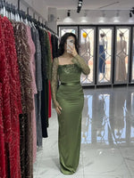 Green Square Neck Lace Sequins Sparkle Long Sleeve Mermaid Evening Dress