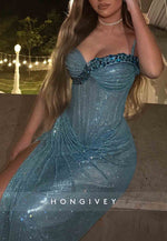 Sparkly Spaghetti Straps Glitter Column Evening Gowns with High Slit