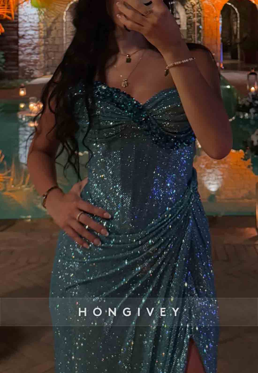 Sparkly Spaghetti Straps Glitter Column Evening Gowns with High Slit