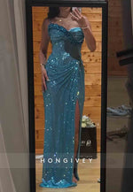 Sparkly Spaghetti Straps Glitter Column Evening Gowns with High Slit