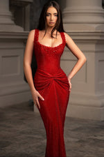 Red Square Neck Sleeveless Beaded Sequins Sparkle Prom Dress Mermaid