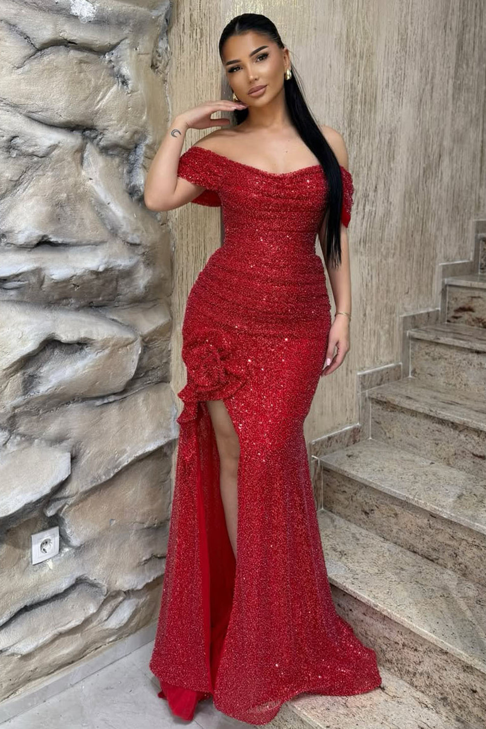 Sequins Sparkle Flowers Sleeveless Off the Shoulder Mermiad Prom Dress