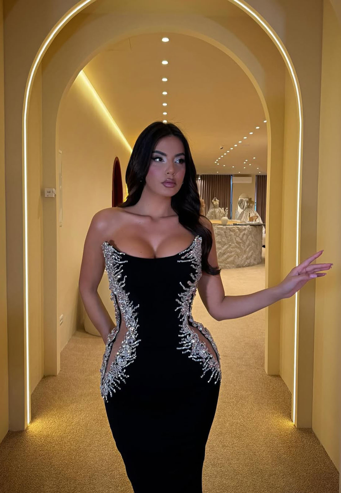 Strapless Sparkle Beaded Black Sleeveless Mermaid Floor-Length Evening Dress