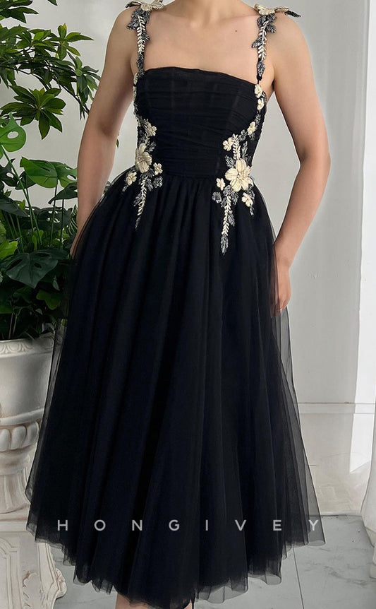 L2759 - Tulle A-Line Spaghetti Straps Floral Appliqued Party Prom Evening Dress