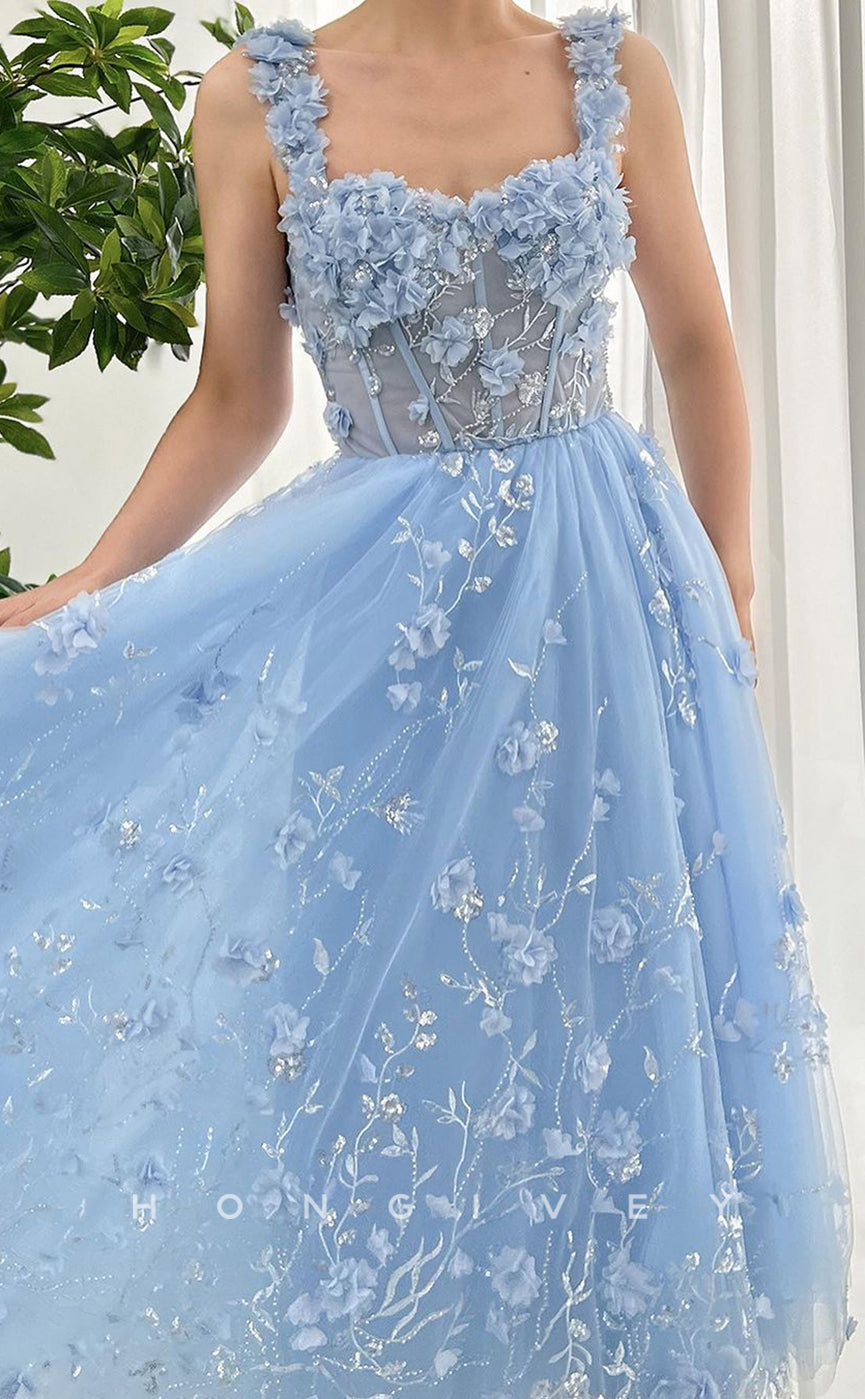 L2758 - Sweetheart A-Line Tulle Floral Appliqued Party Prom Evening Dress