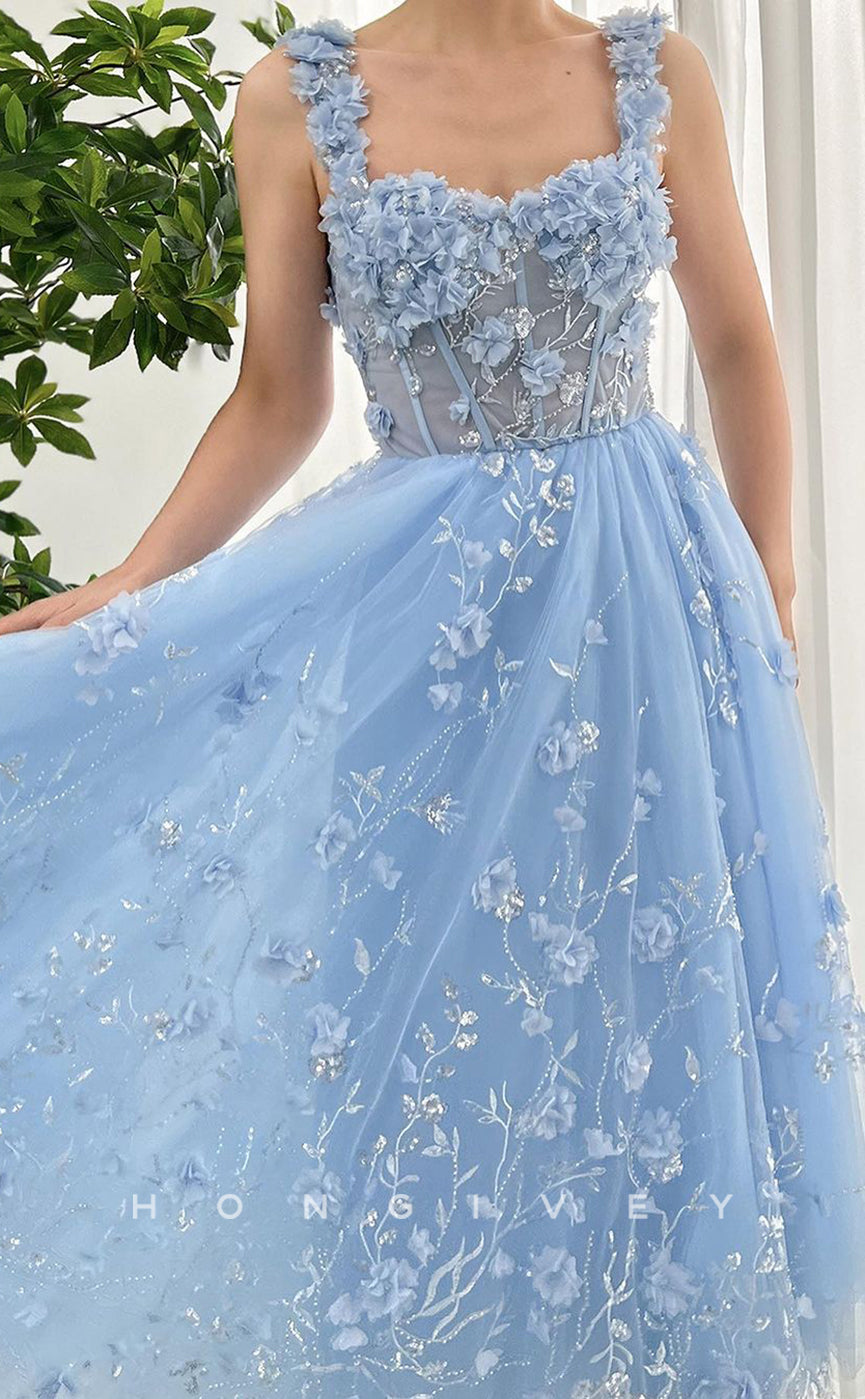 L2758 - Sweetheart A-Line Tulle Floral Appliqued Party Prom Evening Dress