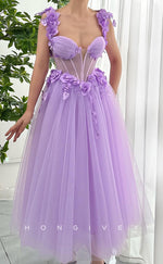 L2757 -  Tulle A-Line Sweetheart Spaghetti Straps Floral Appliqued Party Prom Evening Dress