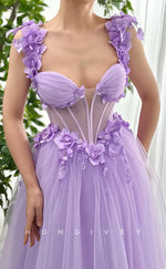 L2757 -  Tulle A-Line Sweetheart Spaghetti Straps Floral Appliqued Party Prom Evening Dress