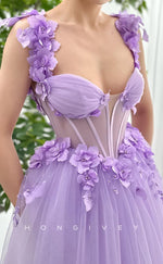 L2757 -  Tulle A-Line Sweetheart Spaghetti Straps Floral Appliqued Party Prom Evening Dress