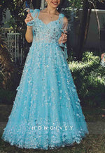 Blue Sleeveless A-Line Appliqued Tie Back Prom Dresses with Bowknot