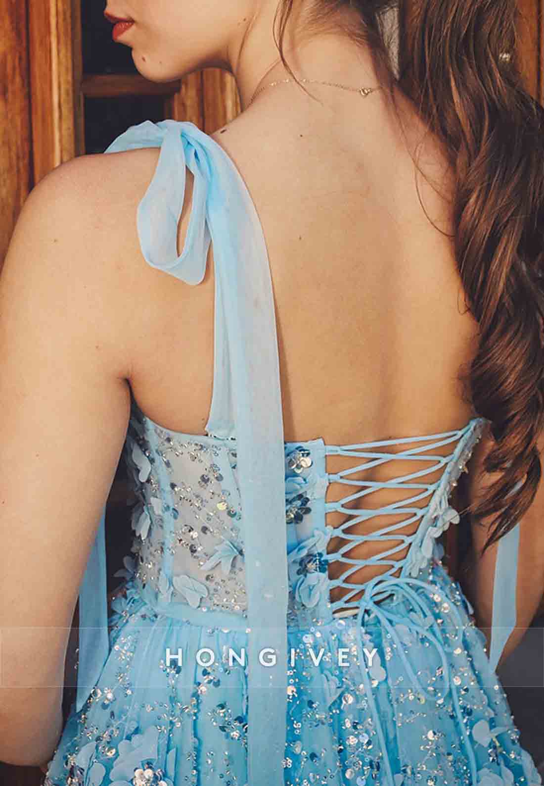 Blue Sleeveless A-Line Appliqued Tie Back Prom Dresses with Bowknot