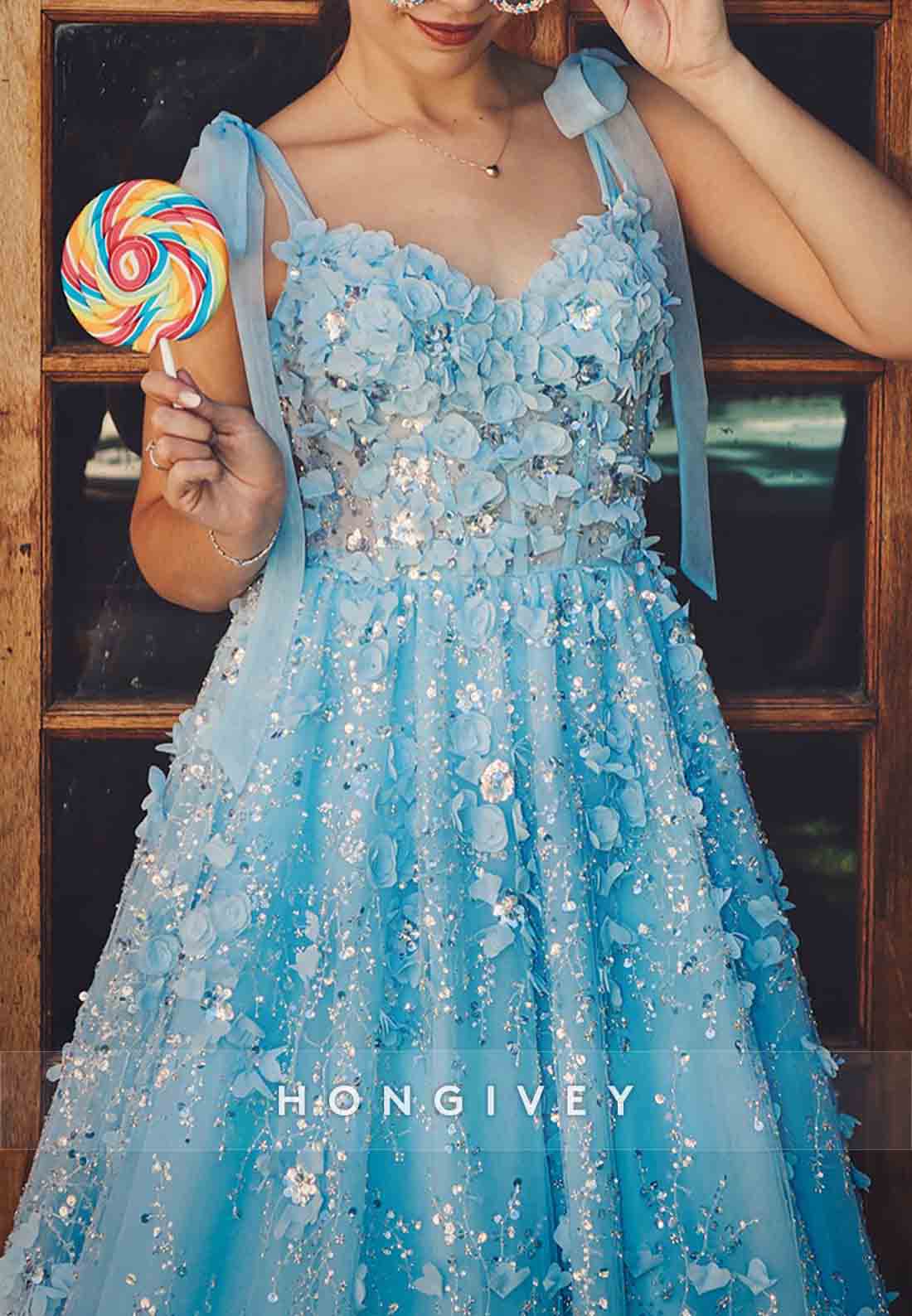 Blue Sleeveless A-Line Appliqued Tie Back Prom Dresses with Bowknot