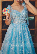 Blue Sleeveless A-Line Appliqued Tie Back Prom Dresses with Bowknot