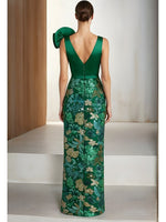 Sleeveless Floral Print V-Neck Ruched Mermaid Sequins Sparkle Evening Dress
