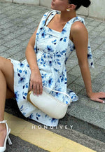 Strapless with Floral Print Sleeveless Bowknot A-Line Short Homecoming Dresses