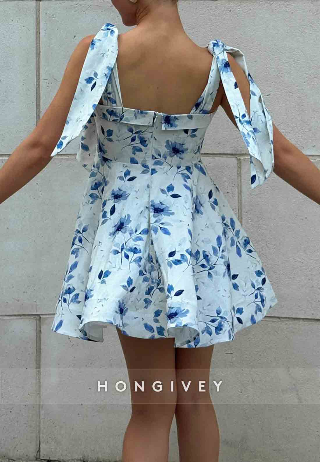 Strapless with Floral Print Sleeveless Bowknot A-Line Short Homecoming Dresses