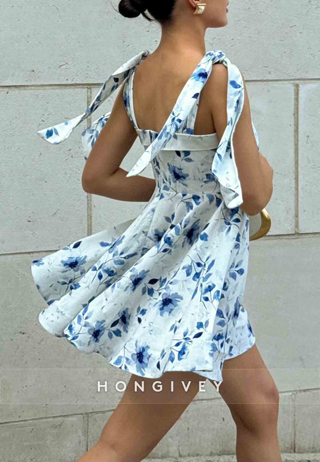 Strapless with Floral Print Sleeveless Bowknot A-Line Short Homecoming Dresses