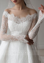 Long Sleeves Off the Shoulder Detachable Court Train Lace A-Line Wedding Dresses