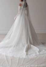 Long Sleeves Off the Shoulder Detachable Court Train Lace A-Line Wedding Dresses