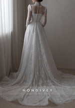 Illusion Neck High Neck A-Line Court Train  Lace Long Sleeves Wedding Dresses