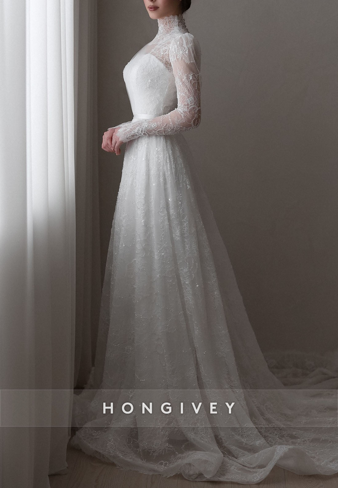 Illusion Neck High Neck A-Line Court Train  Lace Long Sleeves Wedding Dresses