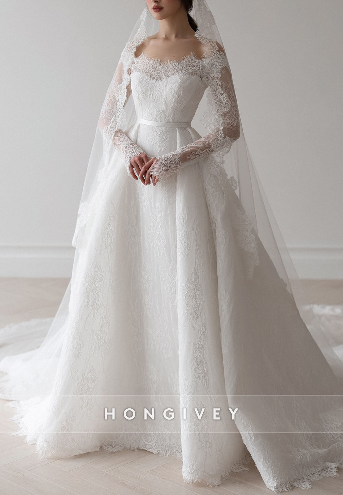 Long Sleeves Off the Shoulder Detachable Court Train Lace A-Line Wedding Dresses