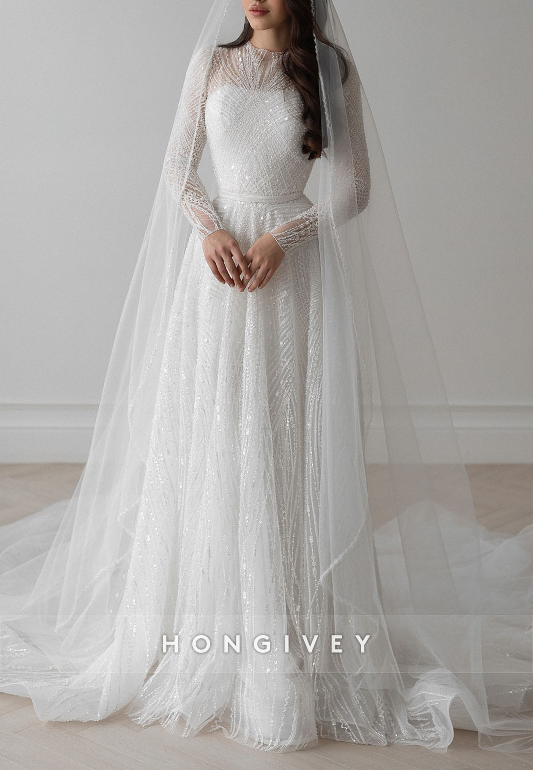 Court Train Metallic Yarn A-Line Long Sleeves High Neck Wedding Dresses