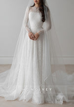 Court Train Metallic Yarn A-Line Long Sleeves High Neck Wedding Dresses