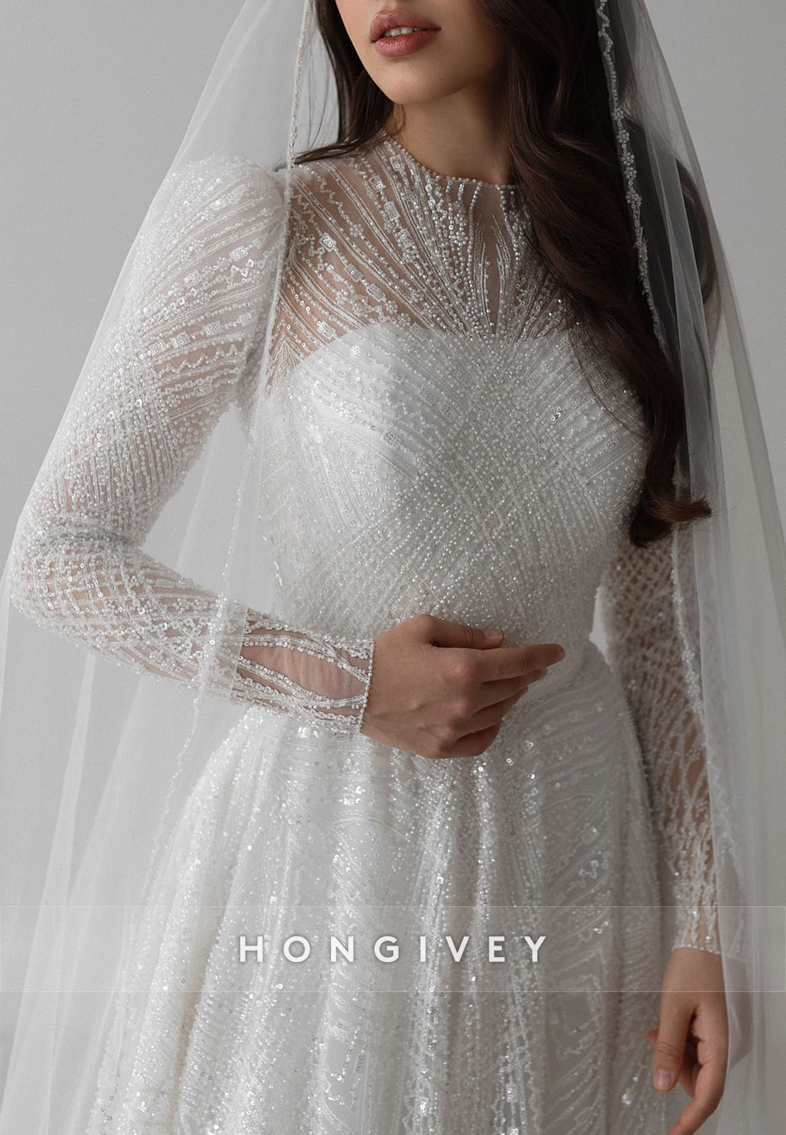 Court Train Metallic Yarn A-Line Long Sleeves High Neck Wedding Dresses