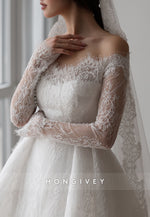 Long Sleeves Off the Shoulder Detachable Court Train Lace A-Line Wedding Dresses