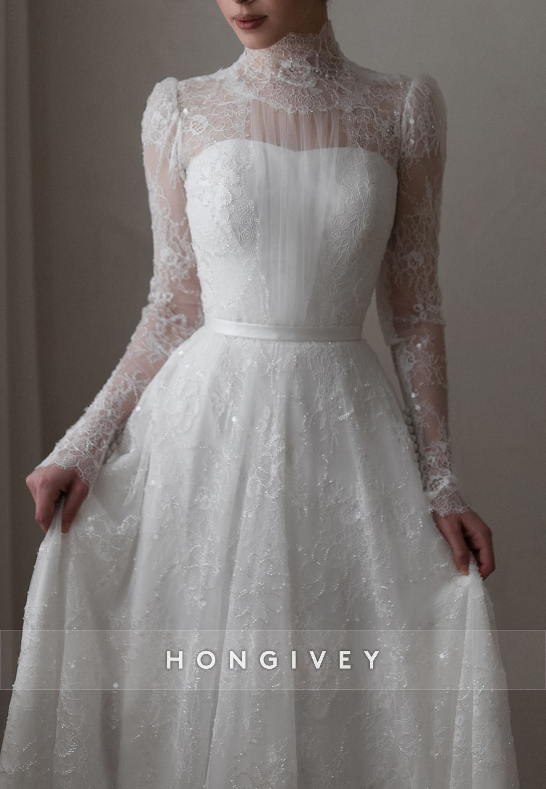 Illusion Neck High Neck A-Line Court Train  Lace Long Sleeves Wedding Dresses