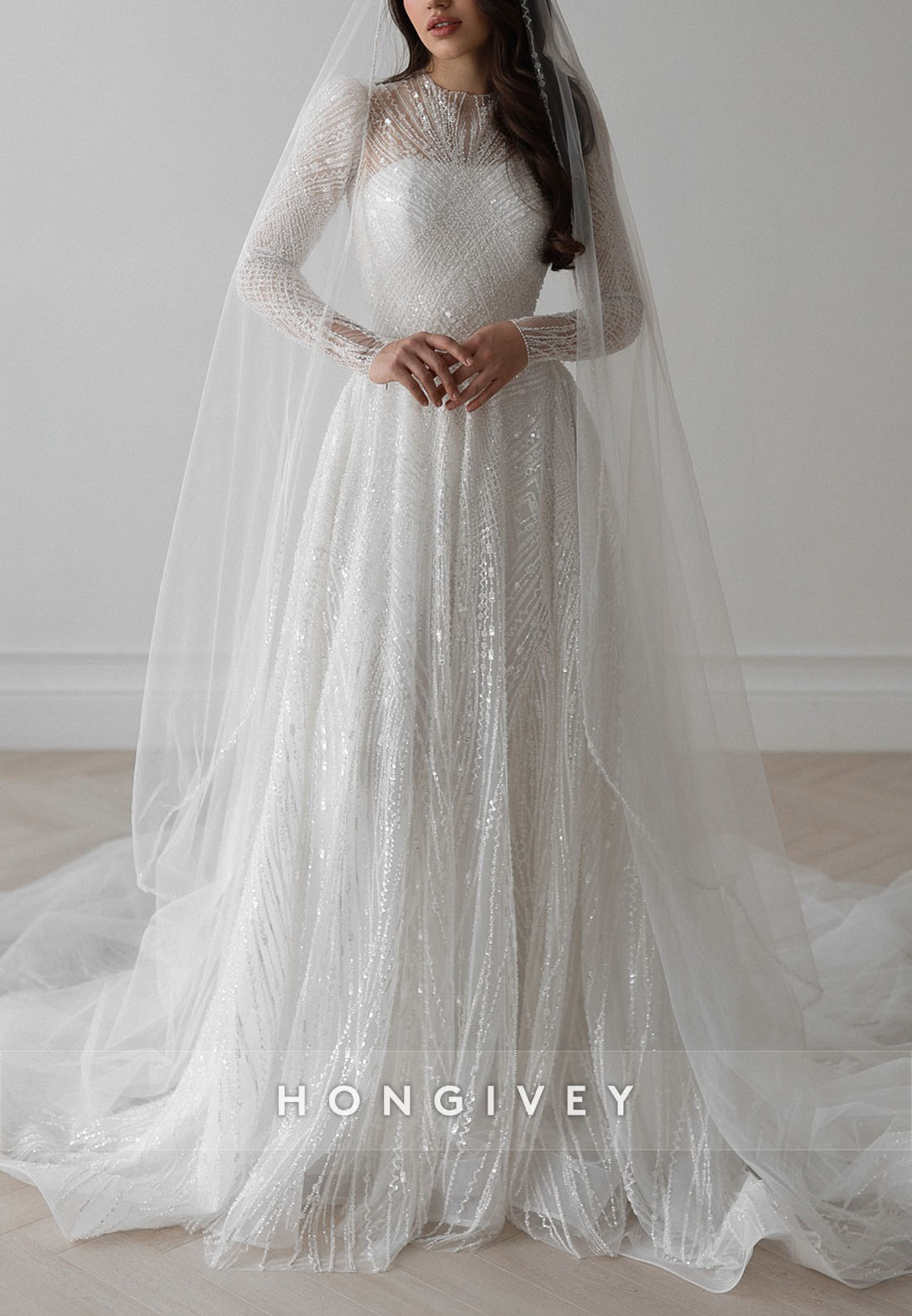 Court Train Metallic Yarn A-Line Long Sleeves High Neck Wedding Dresses