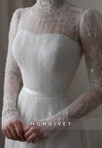 Illusion Neck High Neck A-Line Court Train  Lace Long Sleeves Wedding Dresses