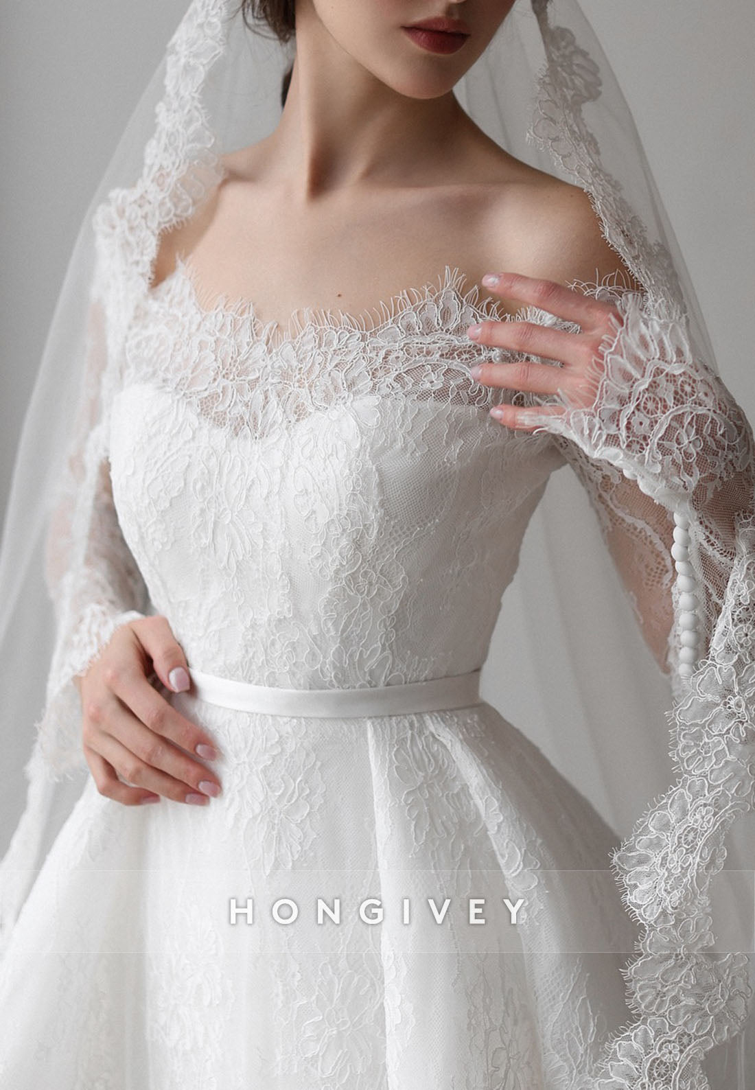 Long Sleeves Off the Shoulder Detachable Court Train Lace A-Line Wedding Dresses