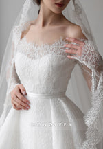Long Sleeves Off the Shoulder Detachable Court Train Lace A-Line Wedding Dresses