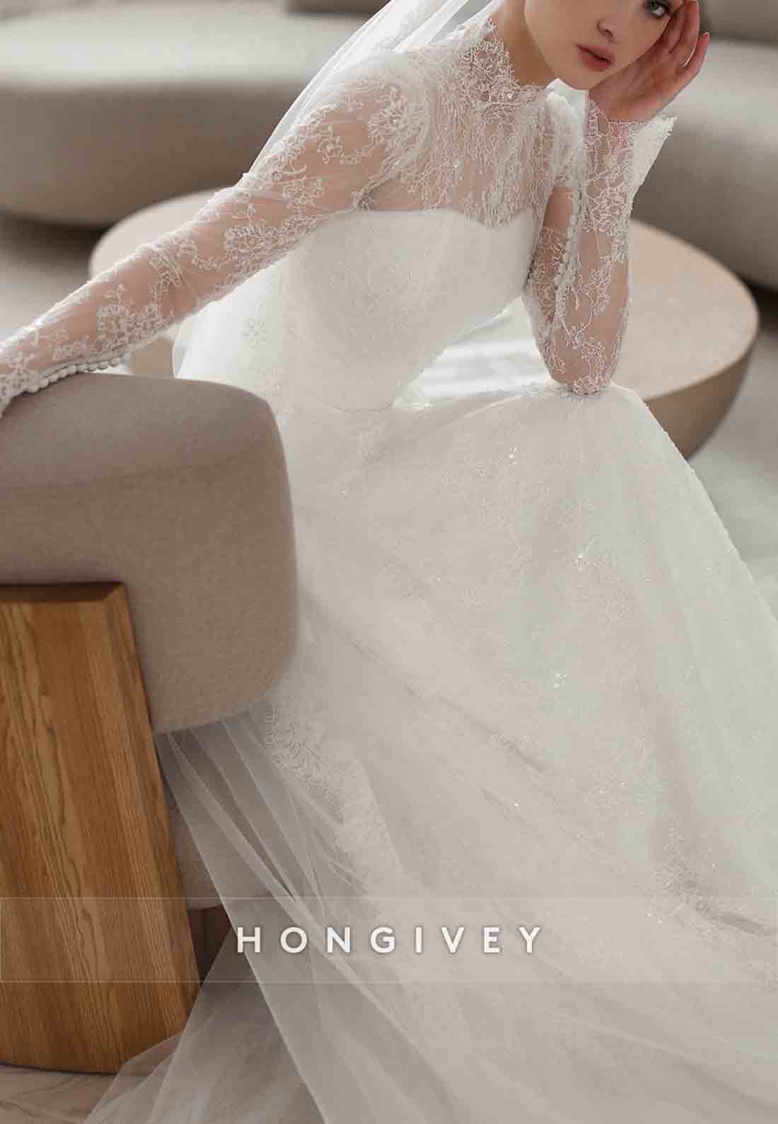 Beaded Long Sleeves Lace Illusion High Neck Court Train A-Line Wedding Dresses