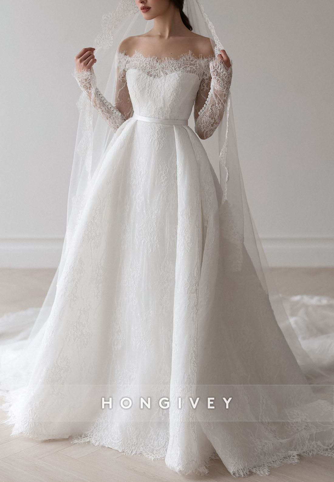 Long Sleeves Off the Shoulder Detachable Court Train Lace A-Line Wedding Dresses