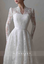 V-Neck Long Sleeves Lace Court Train A-Line Empire Wedding Dresses