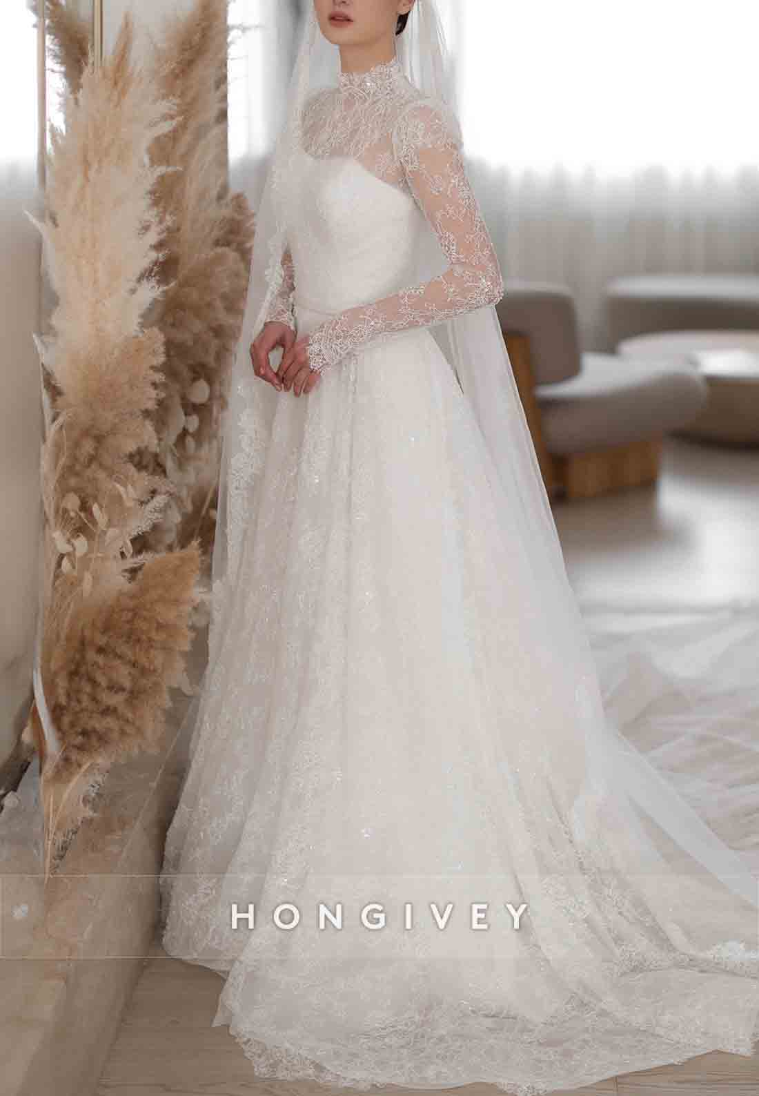 Beaded Long Sleeves Lace Illusion High Neck Court Train A-Line Wedding Dresses