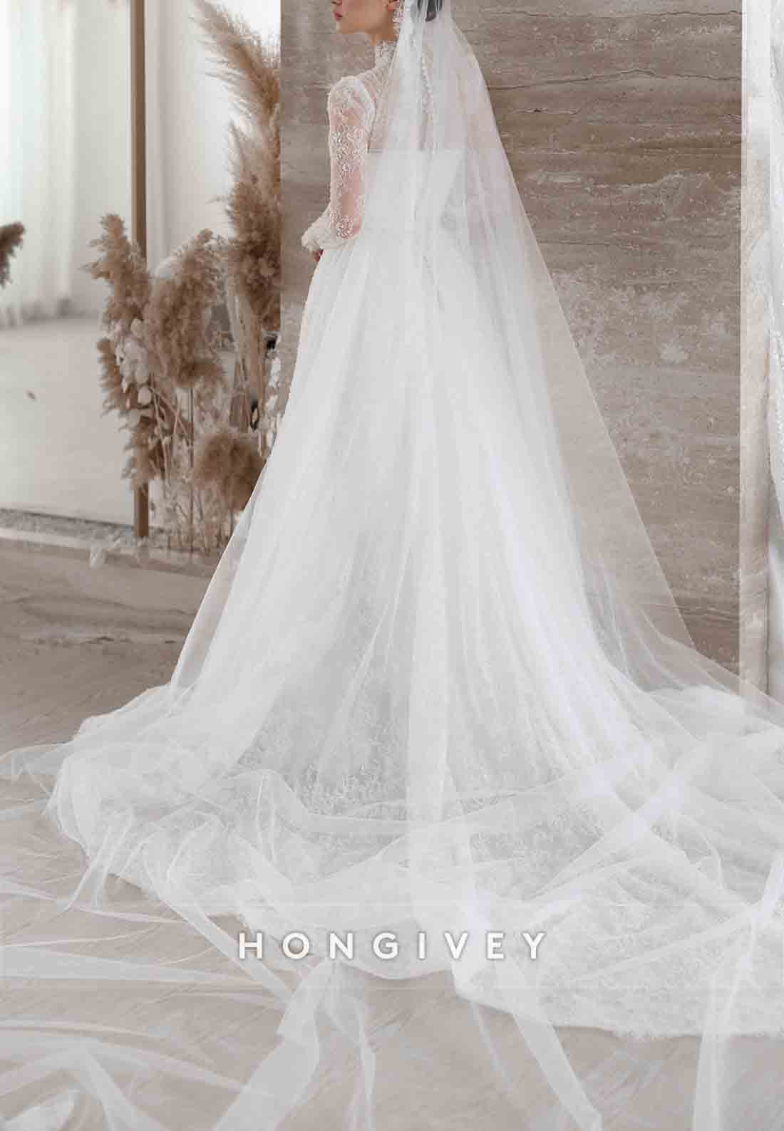 Beaded Long Sleeves Lace Illusion High Neck Court Train A-Line Wedding Dresses