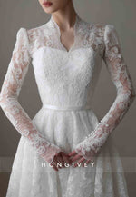 V-Neck Long Sleeves Lace Court Train A-Line Empire Wedding Dresses