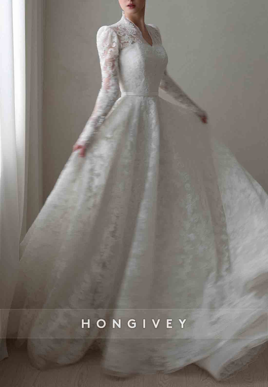 V-Neck Long Sleeves Lace Court Train A-Line Empire Wedding Dresses