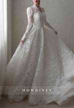 V-Neck Long Sleeves Lace Court Train A-Line Empire Wedding Dresses