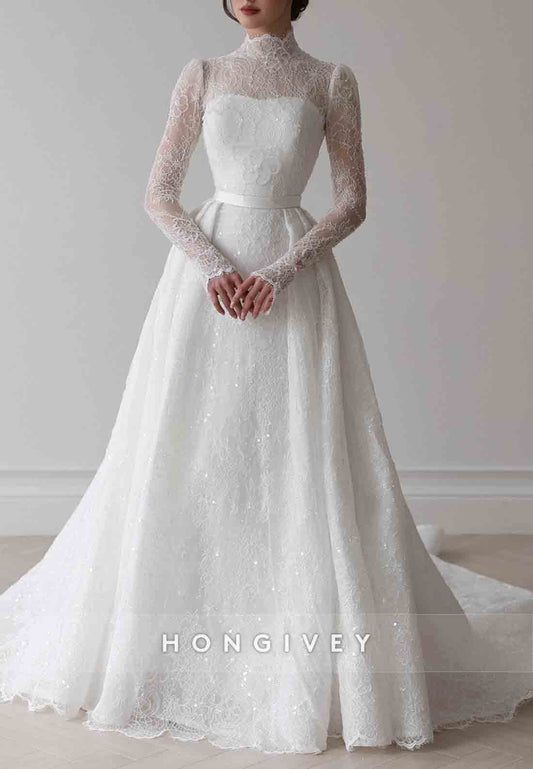 High Neck Long Sleeves Pleated A-Line Detachable Lace Wedding Dresses