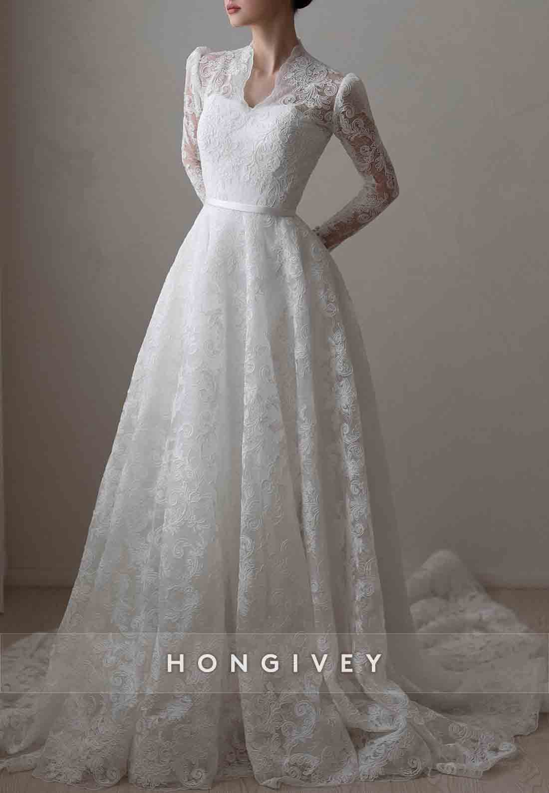 V-Neck Long Sleeves Lace Court Train A-Line Empire Wedding Dresses