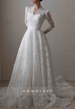 V-Neck Long Sleeves Lace Court Train A-Line Empire Wedding Dresses
